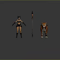 Female Warrior In Leather Armor With Fierce Tiger Standing Near Spear On Dark Background