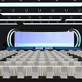 Large Conference Hall Interior With Blue Lighting Stage Big Screen And Arranged Seats