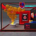 Modern Exhibition Booth With Red Black Frame Neon Sign Yellow Balloons And Display Area