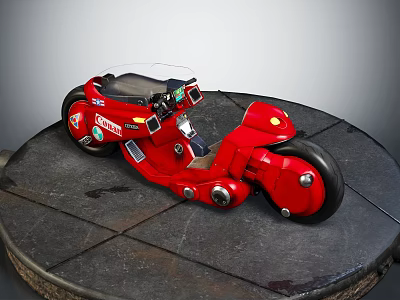 Red Motorcycle With Black Seat Logos And Circular Parts On Circular Metal Platform 3d model