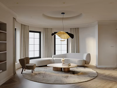 Modern Circular Living Dining Room With White Sofa Round Coffee Table Brown Chair And Chandelier 3d model