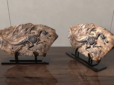 Vintage Dinosaur Skeleton Fossil Decorative Ornament Set with Black Stand and Wooden Tabletop 3d model