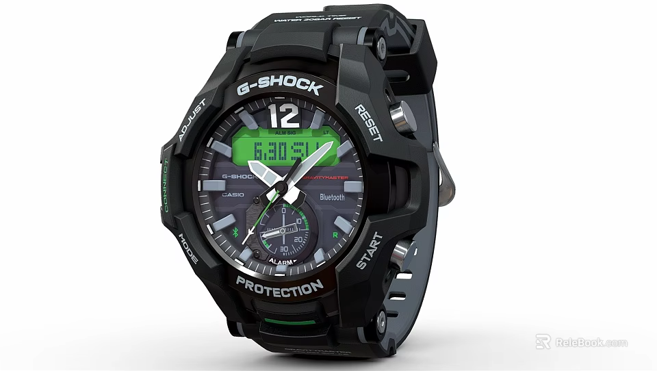 G SHOCK Black Sports Watch With Green Digital Display Analog Hands And Protection 3d model 