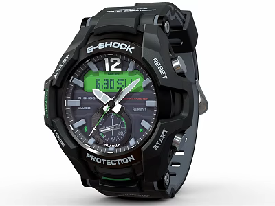G SHOCK Black Sports Watch With Green Digital Display Analog Hands And Protection 3d model