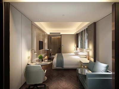 Hotel Room Interior With Comfortable Bed Sofa Desk And Modern Decor 3d model