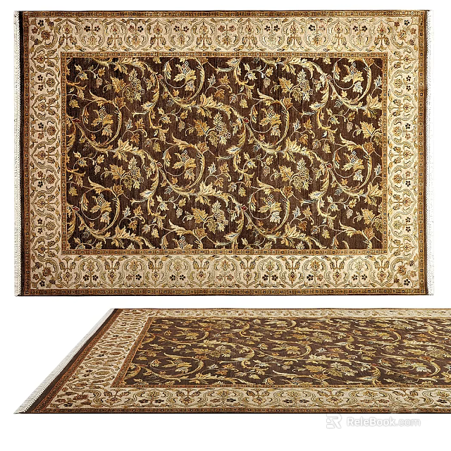 Square Rug With Intricate Gold Floral Pattern On Brown Background 3d model