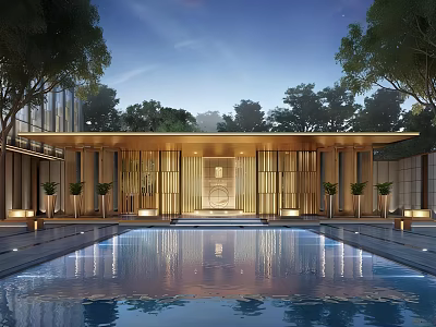 Luxury Modern Entrance Gate Design With Golden Accents Pillars Lighting Water Pool And Trees 3d model