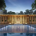 Luxury Modern Entrance Gate Design With Golden Accents Pillars Lighting Water Pool And Trees