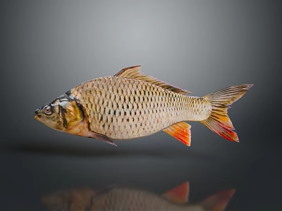 Scaled Brown Fish With Orange Fins Isolated On Dark Background With Reflection 3d model