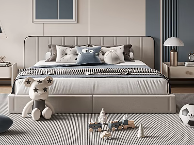 Kids Bedroom Double Bed With Pillows Black White Striped Blanket Stuffed Toys And Lamp 3d model