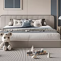 Kids Bedroom Double Bed With Pillows Black White Striped Blanket Stuffed Toys And Lamp