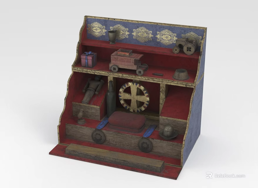 Vintage Wooden Display Cabinet With Multiple Shelves Holding Small Toys Gears And Decorative Items 3d model 