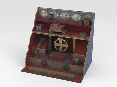 Vintage Wooden Display Cabinet With Multiple Shelves Holding Small Toys Gears And Decorative Items 3d model