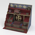 Vintage Wooden Display Cabinet With Multiple Shelves Holding Small Toys Gears And Decorative Items