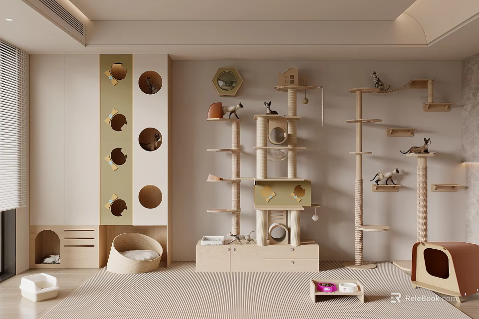 Modern Wooden Cat Play Area with Trees Beds and Climbing Structures 3d model