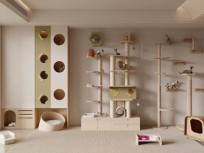 Modern Wooden Cat Play Area with Trees Beds and Climbing Structures 3d model