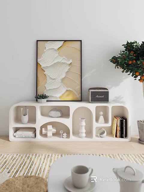 Modern White TV Stand With Multiple Compartments Decorative Items Books And Plants 3d model 
