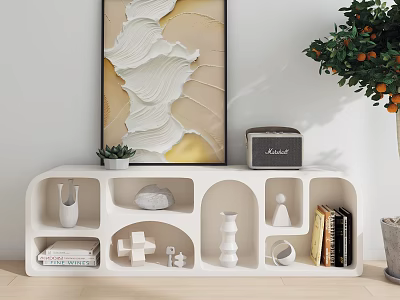 Modern White TV Stand With Multiple Compartments Decorative Items Books And Plants 3d model