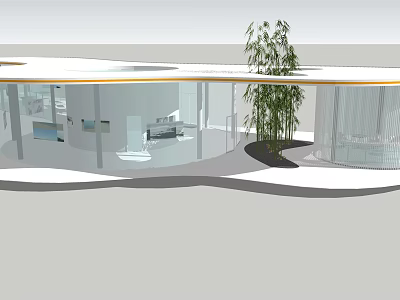 Modern Outdoor Curved Pergola With Glass Elements And Bamboo Plant 3d model