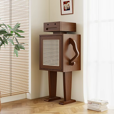 Wooden Freestanding Wine Cabinet With Lattice Door Near Plant White Curtains And Venetian Blinds 3d model