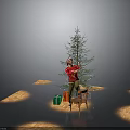 Christmas Tree Being Decorated By Person On Chair With Gift Boxes And Light Shadows