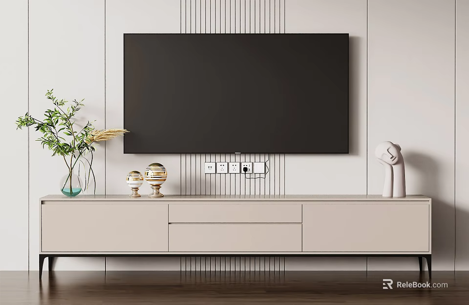 Modern TV Stand With Wall Mounted TV Decorative Vase Ornaments And Light Striped Wall 3d model 