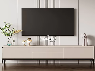 Modern TV Stand With Wall Mounted TV Decorative Vase Ornaments And Light Striped Wall 3d model