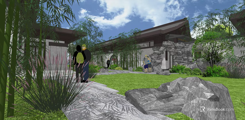 Traditional Chinese Garden Landscape Featuring Architecture Bamboo Stone Pathway And Green Lawn 3d model 