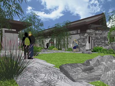 Traditional Chinese Garden Landscape Featuring Architecture Bamboo Stone Pathway And Green Lawn 3d model