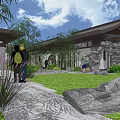 Traditional Chinese Garden Landscape Featuring Architecture Bamboo Stone Pathway And Green Lawn