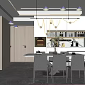 Modern Restaurant Interior With Open Layout Dining Table Chairs And Pendant Lights