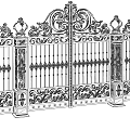 Ornate Wrought Iron Gate With Golden Decorations And Two Lanterns