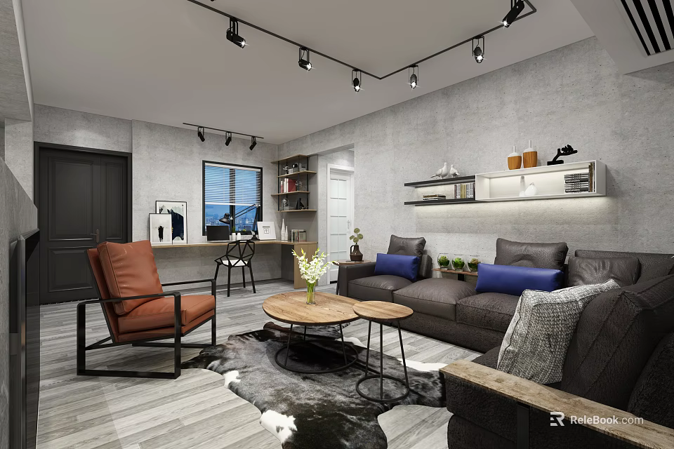 Modern Living Room Interior With Gray Sofa Blue Cushions Brown Armchair Coffee Table Track Lights 3d model 