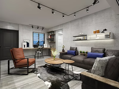 Modern Living Room Interior With Gray Sofa Blue Cushions Brown Armchair Coffee Table Track Lights 3d model