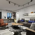 Modern Living Room Interior With Gray Sofa Blue Cushions Brown Armchair Coffee Table Track Lights