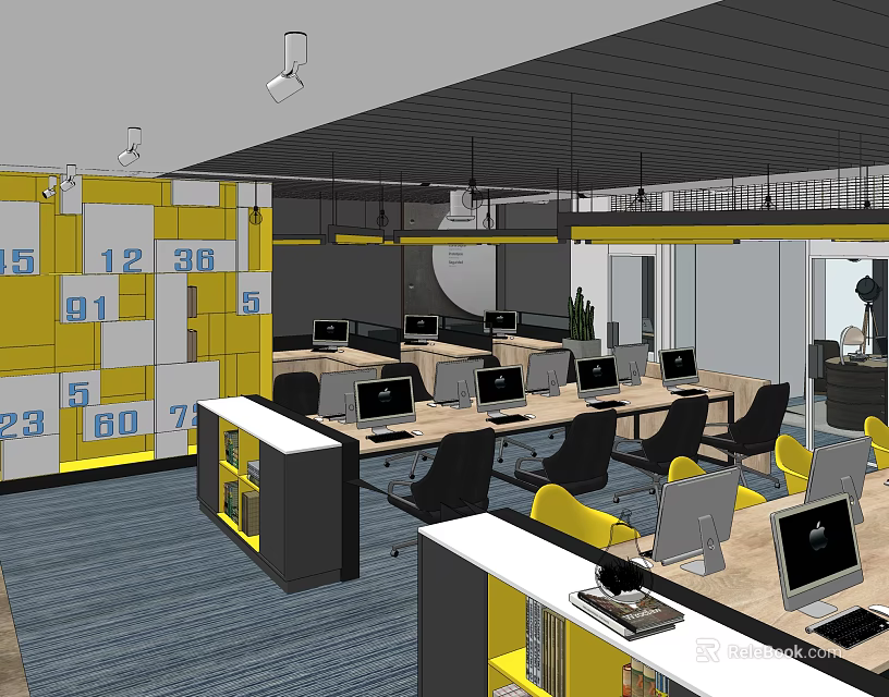 Modern Public Office Space With Open Layout Desks Computers And Yellow White Decor 3d model