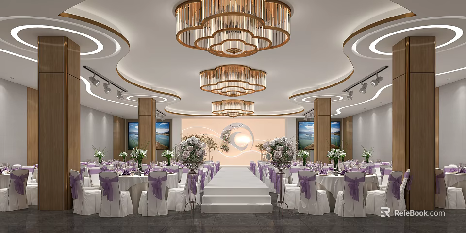 Elegant Banquet Hall With Chandeliers Circular Stage Purple Tablecloths And Chairs Flower Decorations Wall Art 3d model 