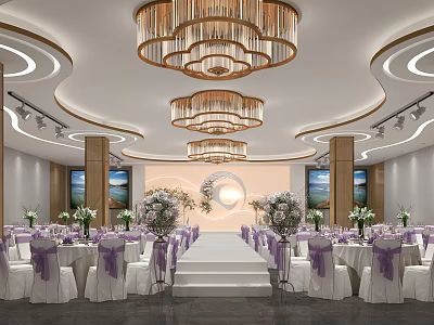 Elegant Banquet Hall With Chandeliers Circular Stage Purple Tablecloths And Chairs Flower Decorations Wall Art 3d model