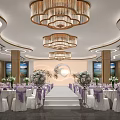 Elegant Banquet Hall With Chandeliers Circular Stage Purple Tablecloths And Chairs Flower Decorations Wall Art