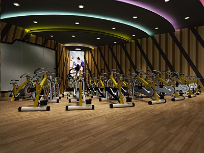 Fitness Studio With Rows Of Spin Bikes Wooden Floor Colored Ceiling Lights And Person Riding 3d model