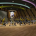 Fitness Studio With Rows Of Spin Bikes Wooden Floor Colored Ceiling Lights And Person Riding