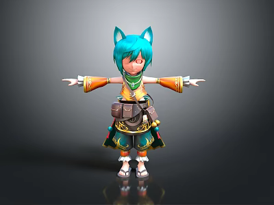 3D Character With Blue Cat Ears Teal Hair Orange Green Outfit Pouch And Outstretched Arms 3d model