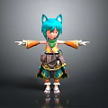 3D Character With Blue Cat Ears Teal Hair Orange Green Outfit Pouch And Outstretched Arms