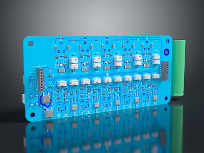 Blue Circuit Board With Various Electronic Components And Green Component 3d model