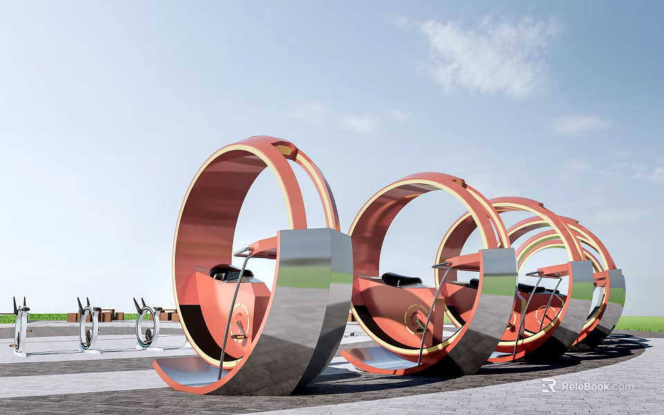 Outdoor Fitness Area With Red Circular Gym Structures Workout Equipment And Exercising People 3d model 