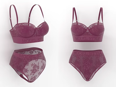 Elegant Purple Lace Pattern Lingerie Set With Bra And Panty Design 3d model