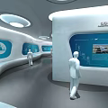 Modern Exhibition Hall With Curved Screen City Map Buildings Information Tags And Urban Model Person