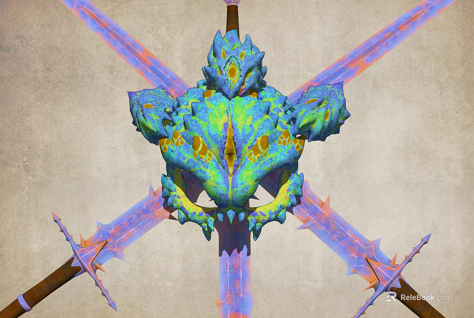 Mythical Creature Head Hanging Decor With Blue Green Yellow Accents And Crossed Swords 3d model 
