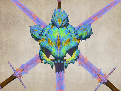 Mythical Creature Head Hanging Decor With Blue Green Yellow Accents And Crossed Swords 3d model