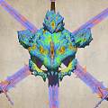 Mythical Creature Head Hanging Decor With Blue Green Yellow Accents And Crossed Swords